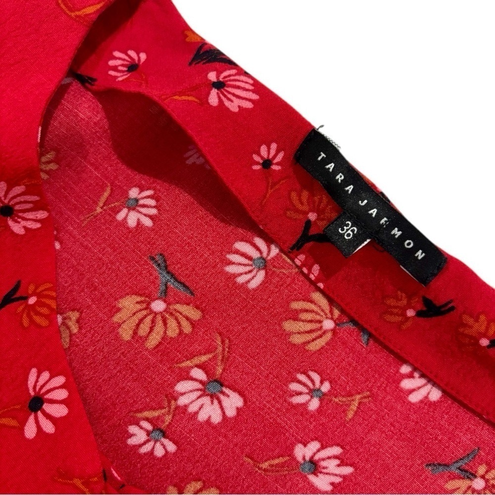 Tara Jarmon Red Midi Dress Women’s Long Sleeve Ruffled Button Front Floral 36 - Picture 7 of 10